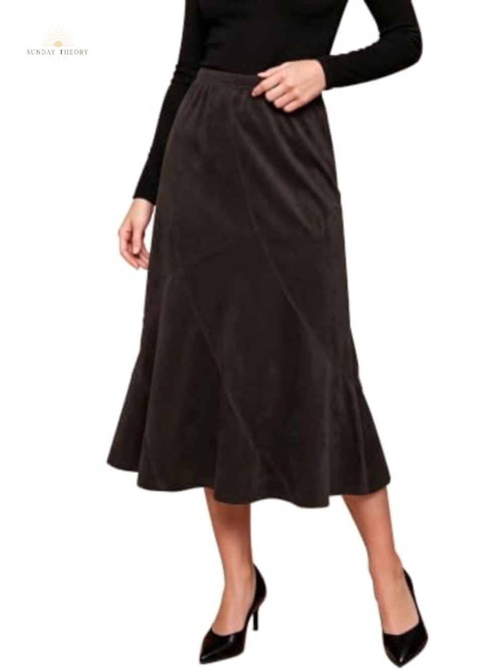 Faux Suede High Waisted A-Line Midi Skirt
